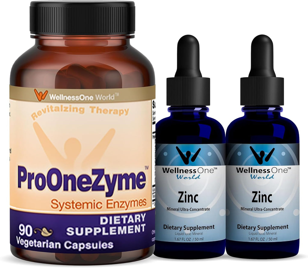 WellnessOne Ionic Liquid Zinc & Proteolytic Enzymes - Zinc-Enzyme Bundle to Support Immune System & Digestive Health - 1.67 fl oz Liquid Zinc Drops (Set of 2) - 90 Pro-Onezyme Vegetarian Capsules
